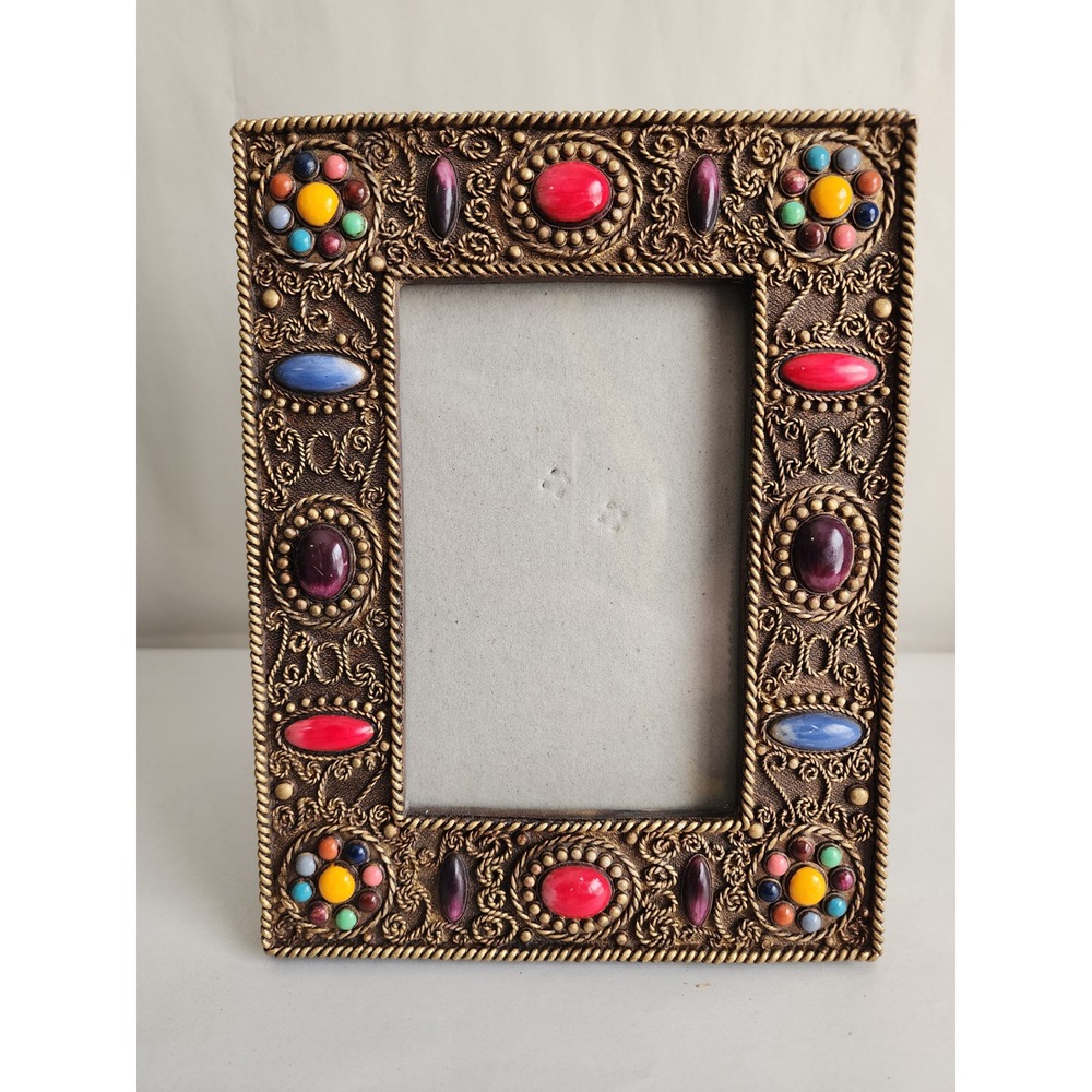 Vintage Ornate Bronze Filigree Photo Frame Multi-Color Faux Gemstones 4x6